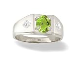 14K White Gold Genuine Oval Peridot and Diamond Men's Ring