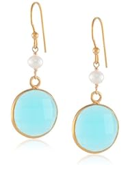 Faceted Gemstone Round Shape Bezel with White Freshwater Cultured Pearl and Gold over Silver Ear Wire Drop Earrings