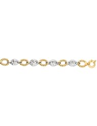 Silver 8.0" With Rhodium Yellow Finish Shiny Wire Oval Link Puffed Mariner Link 2-Tone Bracelet With Spring Ring Clasp