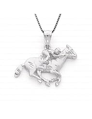 Sterling Silver Race Horse with Jockey Necklace Pendant with Box Chain