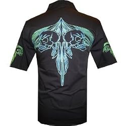 Gemini Skulls, embroidered Biker work shirt, Dragonfly
