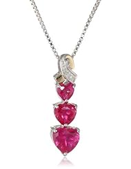 XPY Sterling Silver and 14k Yellow Gold Diamond and Heart-Shaped Created Ruby Pendant Necklace (0.008cttw, I-J Color, I3 Clarity), 18"