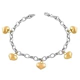 14K Two Tone Gold Puff Heart Charm Bracelet