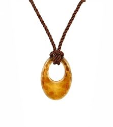 Necklace - N432 - Murano Glass Style - Open Oval Shape ~ Brown, Copper and Gold hung on Triple Strand Twisted Brown Satin / Silk Cord + 2" Extension Chain (17") - Reversible Pendant
