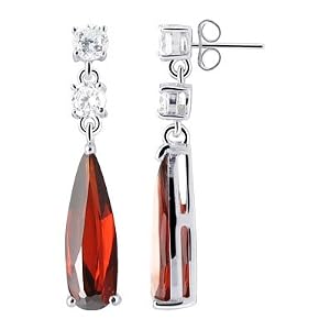 32 MM Long Pear Cut Garnet Cubic Zirconia .925 Sterling Silver Post Back Dangle Earrings