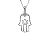 14K White Gold Hand of God or Hamsa Pendant, Enhanced with a Star of David Pave Set Diamonds, Sliding on a 16 Cable-Chain Necklace.