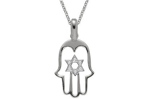 14K White Gold Hand of God or Hamsa Pendant, Enhanced with a Star of David Pave Set Diamonds, Sliding on a 16 Cable-Chain Necklace.