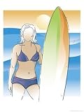 A Blank-Faced Female Standing on a Beach Holding up a Surfboard Giclee Poster Print by Dynamic Graphics, 9x12