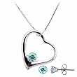 Sterling Silver Simulated Aquamarine cz Open Heart Pendant and Stud Earrings Set