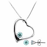 Sterling Silver Simulated Aquamarine cz Open Heart Pendant and Stud Earrings Set