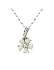 Sterling Silver White Opal and CZ Flower Pendant with Chain