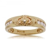 14K Yellow Gold Claddagh Heart Hands Ring w/ Diamonds