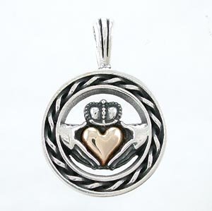 Round Claddagh Pendant with FRIENDSHIP LOVE AND LOYALTY Inscription in Sterling Silver and 14 Kt Gold, #8490