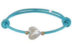 Bijoux Les Poulettes - Bracelet Petit Coeur de Nacre et Perle Plaqué Or - Lien Turquoise