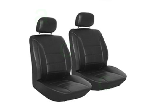 A Set of 2 Universal-Fit Low Back Front Bucket Simulated Leather Leatherette Seat Covers with Separate Headrest - Solid Black On Sale