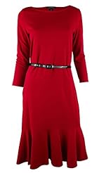Flared-Skirt Natural   Waistline Belted Peplum 3/4 Sleeves Fall Leather/Nylon/Viscose Round Neck  Dress