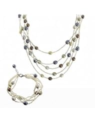 7-7.5mm 17.5" Necklace and 7" Bracelet in sterling silver with white freshwater cultured seed pearls and multi colored cultured freshwater pearls in set.