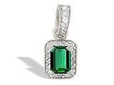 14K White Gold Emerald-cut Created Emerald and Diamond Pendant