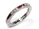 Square Shape Ruby Alternating with Diamond Full Circle Anniversary Band or Stacking Ring with Hand Engraving, 18k White Gold, Ring Size 7.5 (T.w 1.65)