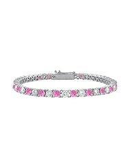 Created Pink Sapphire and Cubic Zirconia Prong Set 10K White Gold Tennis Bracelet 4.00 CT TGW