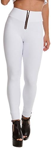 FanRun Stretchy Lycra High Waisted Zipper Skinny Trousers Leggings,White,Size L