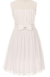 Girls Chiffon Mesh Illusion   Crystal Gathered Sweetheart Knee Length Sleeveless  Dress With a Bow(s) and Rhinestones