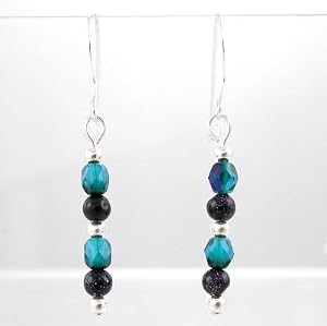 Black Onyx Gemstone, Blue Czech Glass Bead and Sterling Silver Dangle Earrings, #8634