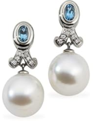 .08 CT TW/12.00MM Oval 18K Palladium White Gold South Sea Cultured Pearl & Genuine Aqua & Diamond Earring