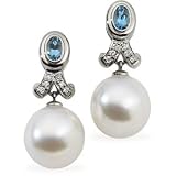 .08 CT TW 12.00MM Oval 18K Palladium White Gold South Sea Cultured Pearl and Genuine Aqua and...