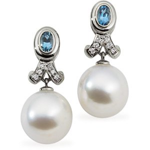 18k S. Sea Cult. Pearl Aqua Rough Diamond Earring .08ct 12mm Oval - JewelryWeb