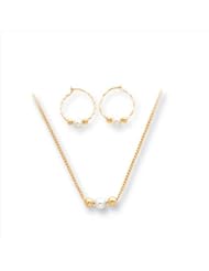 MadiK® Kids 14k Yellow Gold White FW Pearl Necklace 13" & Hoop Earrings Set