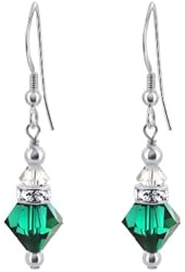 925 Sterling Silver Emerald Color Handmade Dangle Earrings Made with Swarovski Crystal Elements