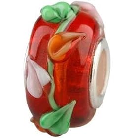 Red Vines Murano Style Glass and Solid 925 Sterling Silver Core Bead fits European Charm Bracelet