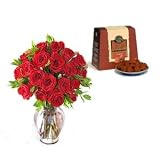Mother's Day Flowers and Treats - Two Dozen Premium Red Roses with Free Box of French Chocolate Truffles