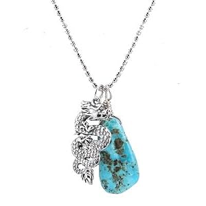Double Sided Dragon and Turquoise Nugget Gemstone Pendant on 18" Rhodium and Sterling Silver Diamond Cut Bead Chain, #7744