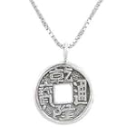 Double Sided Chinese Coin Pendant in Sterling Silver on an 18" Rhodium and Sterling Silver Box Chain, #8002