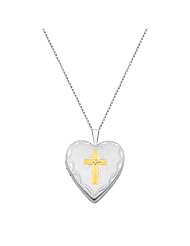 14K White and Yellow 2 Tone Gold Cross Diamond-Accent Engraved Heart Locket Pendant (0.8" Inches or 20mm, 1/10 ctw., GH, SI) with 1.2mm Rolo Cable Chain - 18" Inches