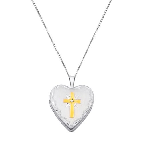 14K White and Yellow 2 Tone Gold Cross Diamond-Accent Engraved Heart Locket Pendant (0.8