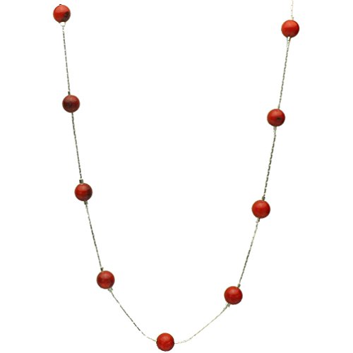 Red Bamboo Coral Beads Station Tin Cup Sterling Silver Chain Necklace, 20″
