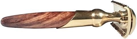 DaveOcean33 "ATLAS " Middle Weight Open Comb Palisander Wood - Long Handle Double Edge Safety Razor + 10 Astra Platinum Superior Blades,100% Pure Raw Manliness-gold