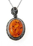 Sterling Silver Marcasite and Simulated Amber Oval Pendant