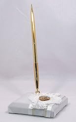 Gold Crystal Heart White Satin Guest Book Pen and Pen Base