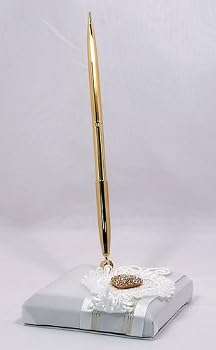 Gold Crystal Heart White Satin Guest Book Pen and Pen Base