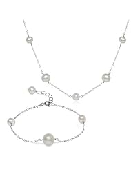 Sterling Silver White Chinese Freshwater Cultured Pearl Station Necklace and Bracelet Jewelry Set (6-8mm)
