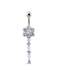 Jewelry: Lavender Flower Belly Ring Sterling Silver with 14G-3/8 Inch (1.6x10MM) 316L Surgical Steel Banana Belly Ring Body jewelry - PiercingPoint