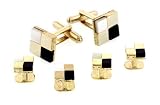 Yellow gold plated cufflinks and shirt studs formal set with mother of pearl and onyx with presentation box. Made in the U.S.A