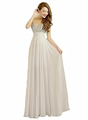 V-neck Sheath Chiffon Floor Length Crystal Sequined Crystals Beaded Prom Dress 