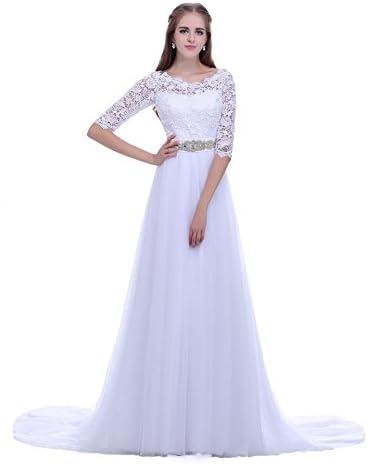 Timeweddingdresses Women's Half Sleeve Princess Lace Wedding Dress 16 White