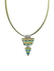 Necklace / Pendant - XP-42 - Genuine Handmade Dichroic Glass Pendant Hung on a 16" Stainless Steel Olive Green Colored Multi-Strand Cord + 2" Extension Chain ~ .925 Sterling Silver