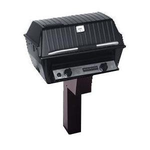 Broilmaster T3CW Deluxe Propane Gas Grill With Stainless Control Panel On Black Patio Post With Cast Iron Base